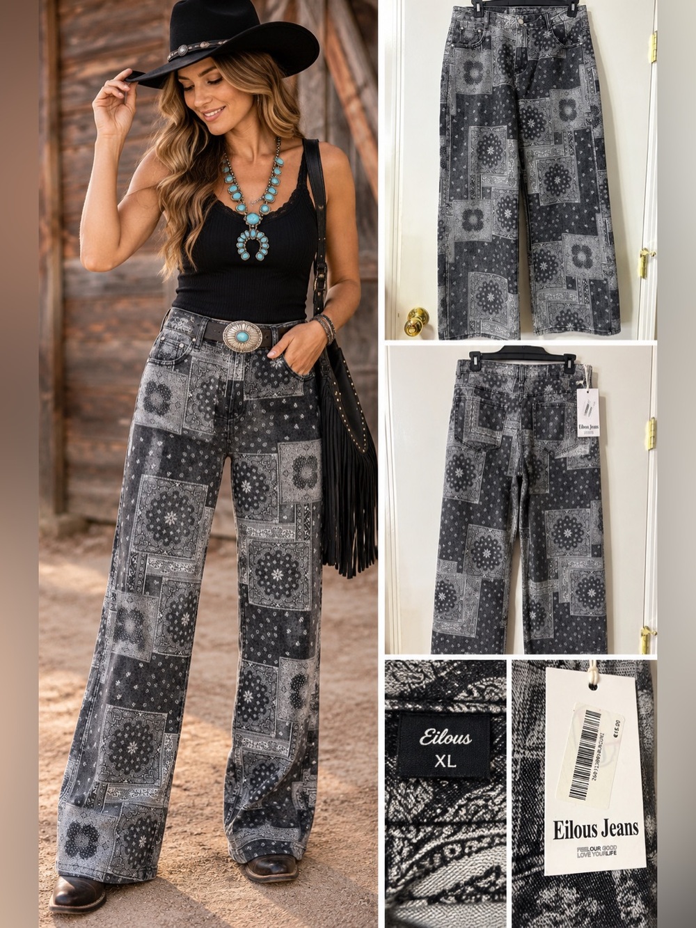 Eilous Jeans NWT Black Gray Bandana Paisley Wide Leg Jeans XL